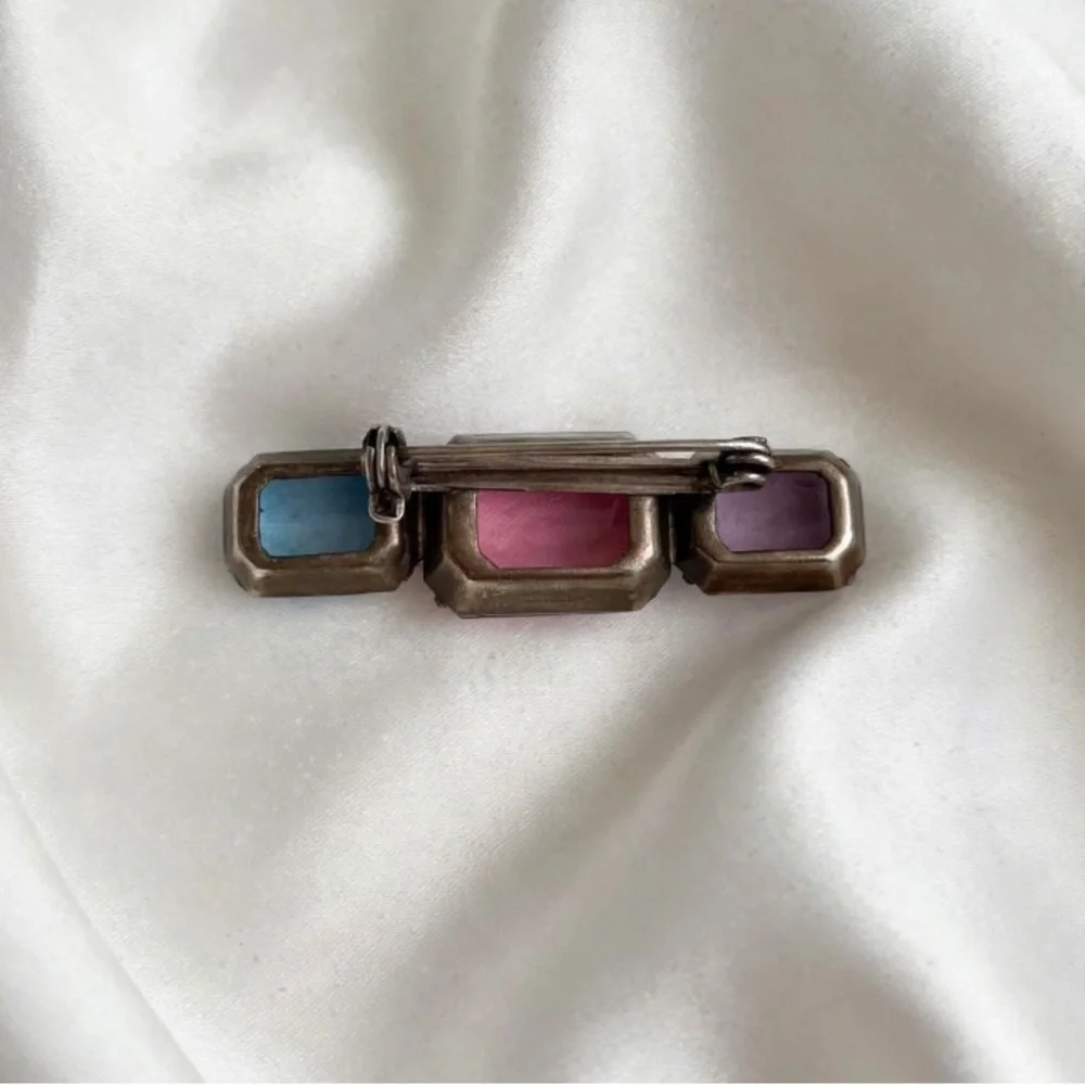 Three-Stone Crystal Bar Brooch - Pink, Purple & Blue